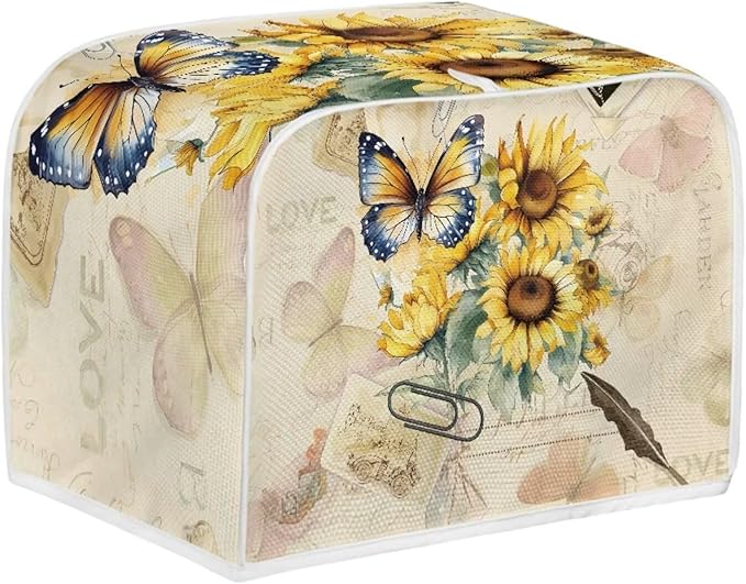 Vintage Butterfly Sunflower 2 Slice Toaster Cover - Bread Machine Dust Cover Protection, Stain Resistant with Handle Keep Clean