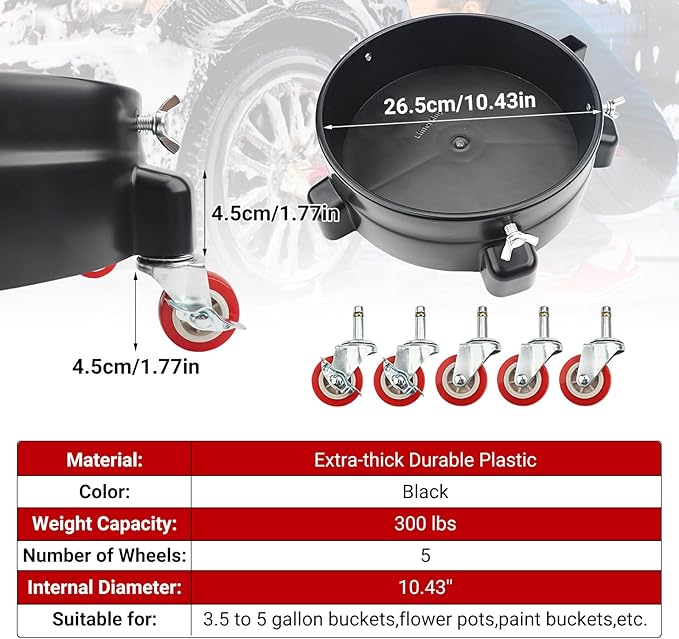 Bucket Dolly 5 Gallon with Wheels,360°Rolling Car Wash Buckets Dolly for 2.5 to 5 Gallon Buckets with Bucket Insert,Cleaning Brush,Supports Up to 300 lbs