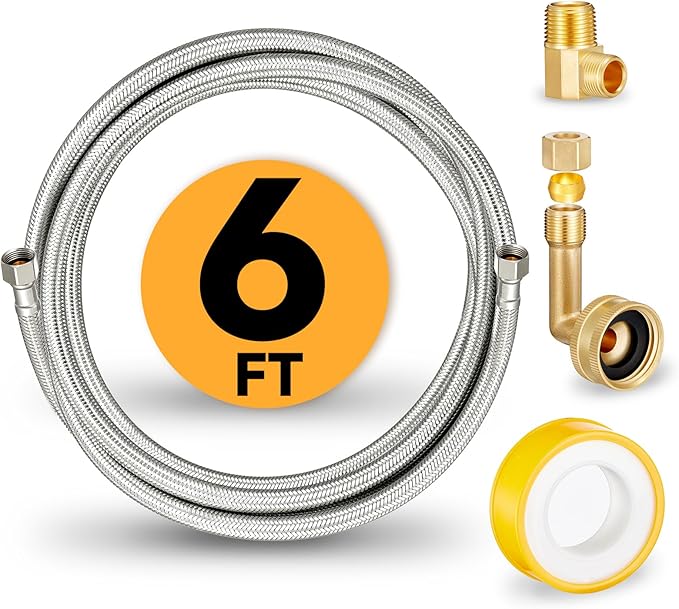 Dishwasher Installation Kit, 6 FT Stainless Steel Braided Dishwasher Water Supply Line with Food-Grade PEX, 3/8" x 3/8" MIP & 3/8" x 3/4" FHT Elbow Connectors