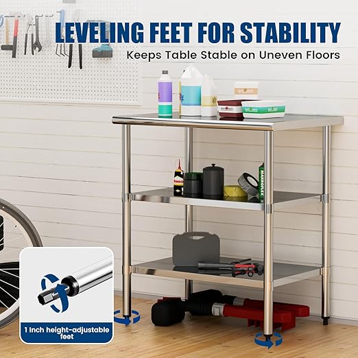 Stainless Steel Work Table 24 x 36 Inch with 2 Adjustable Undershelves, Heavy-Duty Metal Prep Table for Commercial Kitchen & Restaurant, Garage, Outdoor