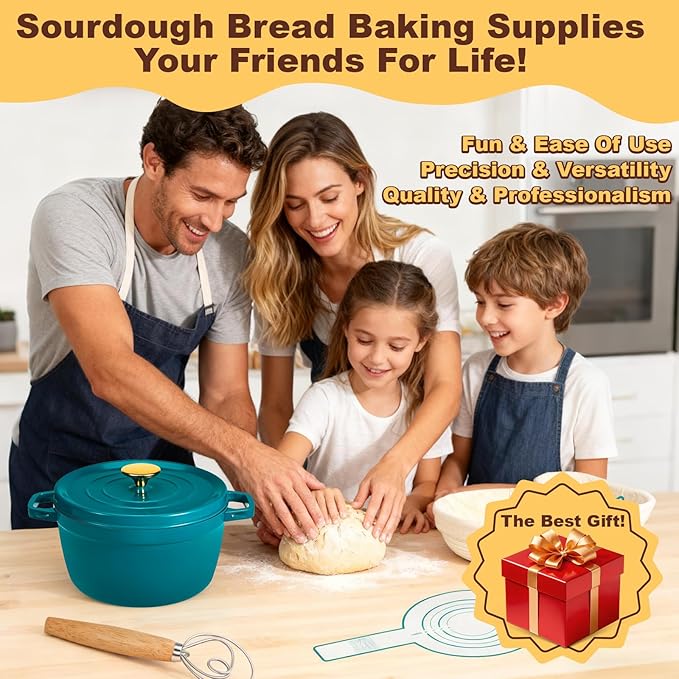 Upgraded All-Inclusive 𝗣𝗥𝗘𝗠𝗜𝗨𝗠 Sourdough Starter Kit with Pot, Sourdough Bread Baking Supplies, 34 Oz Starter Jar, 2 Banneton Bread Proofing Baskets, Scraper, Scale, Lame, Sour Dough Tools