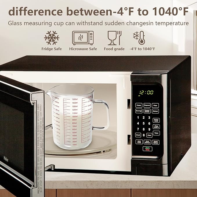WhiteRhino Glass Measuring Cup,6Cup/1500ml/50oz Liquid Measuring Cups, Measuring Cup With Handle and V-Shaped Spout, Glass Beaker with Three Scales (OZ, Cup, ML), Dishwasher/Freezer/Microwave Safe