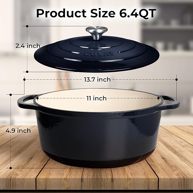 Zulay Kitchen 6 Quart Enameled Cast Iron Dutch Oven Pot with Lid – Premium Durability & Oven Safe up to 500°F – Heavy Duty Cookware Perfect for Bread Baking, Stews, Braising & Roasting - Lapis Lazuli
