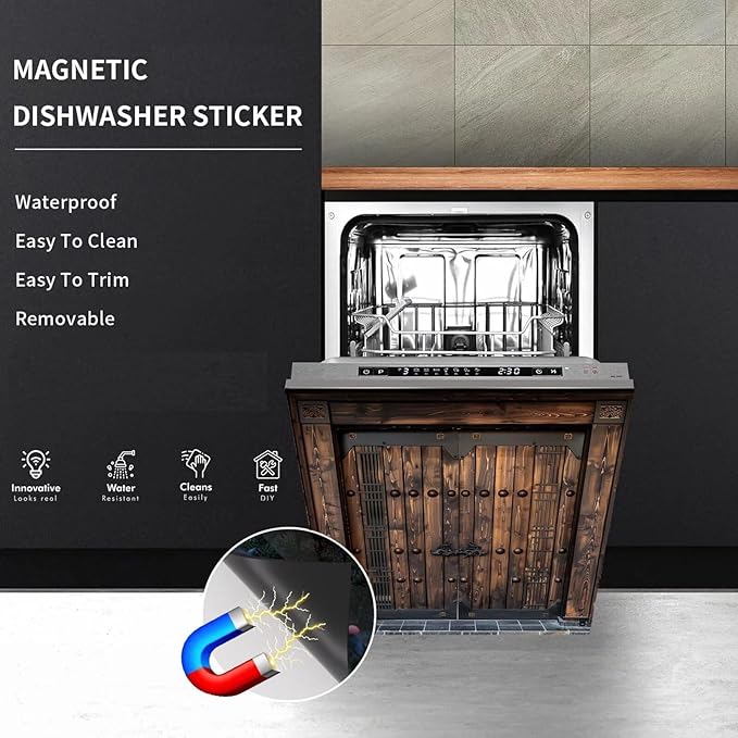 Vintage Wooden Door Magnetic Dishwasher Covers for The Front Home Refrigerator Panel Cover, Barn Wooden Door Dishwasher Decal Magnetic Sticker - (23" x 26" Magnetic)