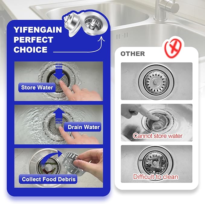 Sink Drain Strainer Screen with Spring-Loaded Core, Universal Press-Down Type Leak-Stop Plug for Kitchen Sink Dish Washing Basin Drain Assembly (Stainless Steel)