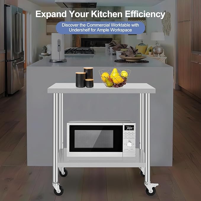 Stainless Steel Table with Caster Wheels, Food Prep Table for Kitchen, Commercial Heavy Duty Metal Table with Adjustable Undershel, Stainless Steel Work Table for Garage Laundry and Hotel (36" x 24")