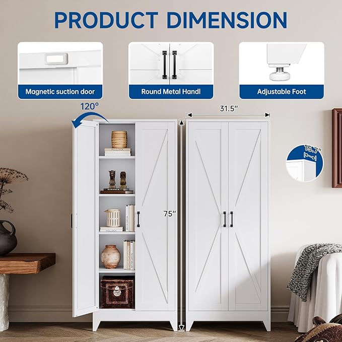 White Tall Farmhouse Metal Pantry Linen Storage Cabinet and Organizers - Cupboard 75" H x31.5 W x15.7 D Rustic Hutch Cabinet Bookcase with Doors and Adjustable Shelves for Home Office