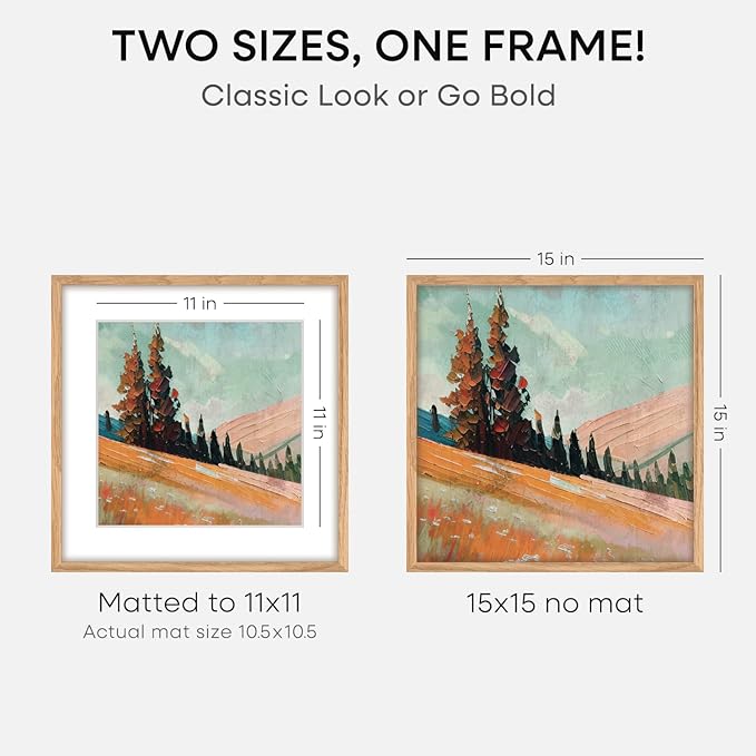 Homeforia 15x15 Picture Frame Natural Wood, High End Oak 15 x 15 Square Light Wooden Frames with Mat 11 by 11 inch Photo, 15by15 Poster Frames Matted to 11x11 Print, Tempered Glass, Wall Kit, Set of 3
