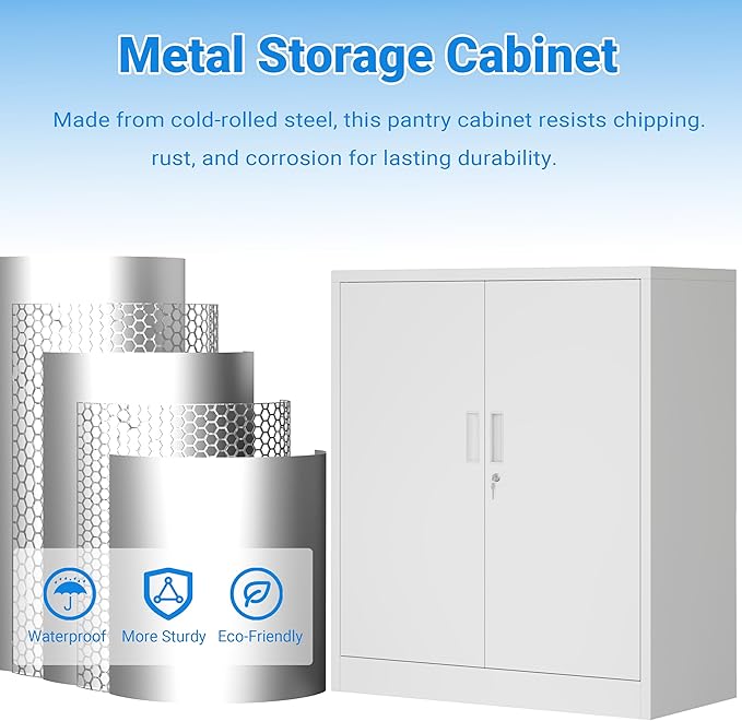 BESFUR Metal Storage Cabinets, Steel Locking Cabinet with 2 Shelves and Doors, White Garage Cabinet for Home Office, School, Garage, Utility Room, and Basement