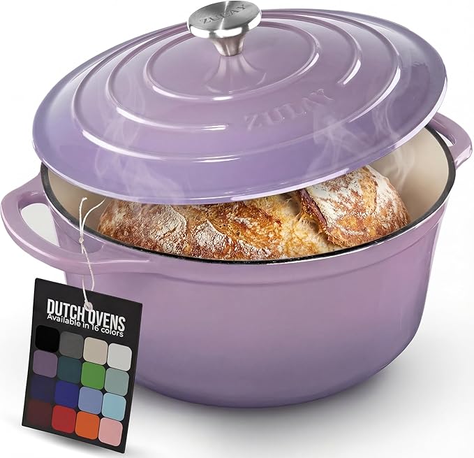 Zulay Kitchen 6 Quart Enameled Cast Iron Dutch Oven Pot with Lid – Premium Durability & Oven Safe up to 500°F – Heavy Duty Cookware Perfect for Bread Baking, Stews, Braising & Roasting – Lavender Jade