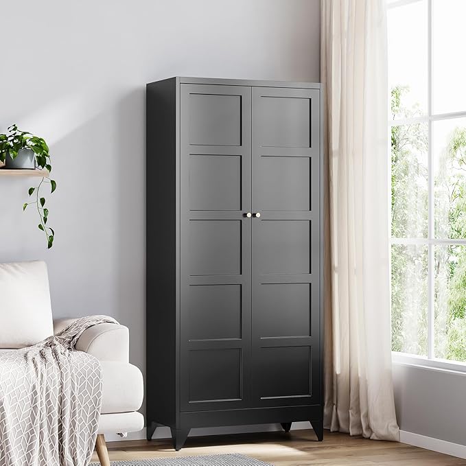 Yizosh Metal Pantry Cabinet,- 72" Black Kitchen Pantry Storage Cabinet with Doos and Adjustable Shelves for Kitchen, Living Room,Dining Room,Home