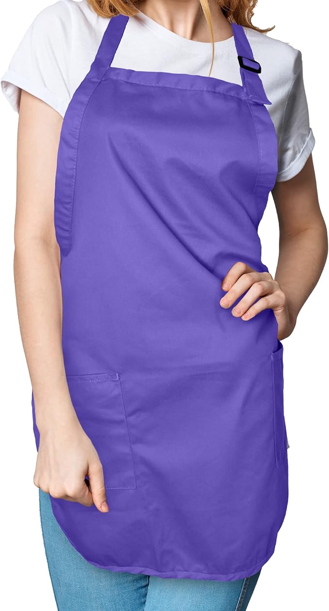 DALIX Apron Commercial Restaurant Home Bib Spun Poly Cotton Kitchen Aprons (2 Pockets) (12, Purple)