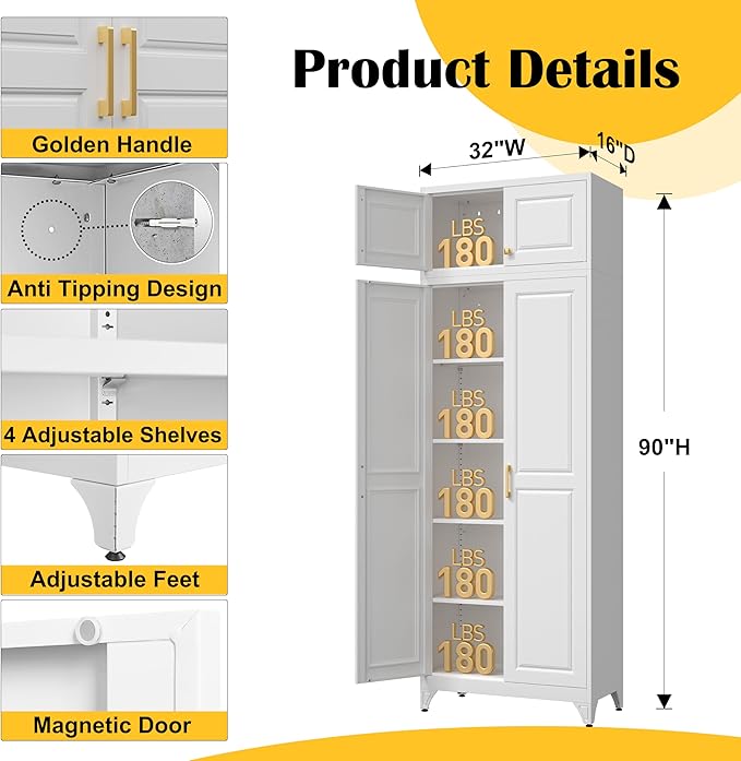 Steeloong90“ Kitchen Pantry Cabinet,Metal Storage Cabinets with Doors and 4 Adjustable Shelves,White Kitchen Cabinet with 2 Gold Handles,Tall Cabinet for Livingroom,Pantry, Bathroom