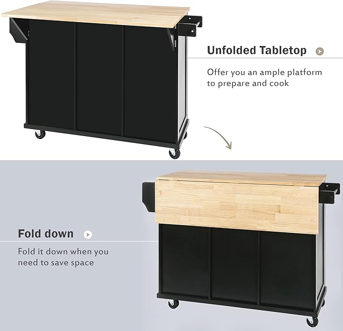 Favfurish Kitchen Island with Drop-Leaf Countertop, Internal Storage Cabinet Racks, Rolling Kitchen Cart on 5 Wheels with Open Shelves and 3 Drawers, Spice Holder, for Dining Room, Black