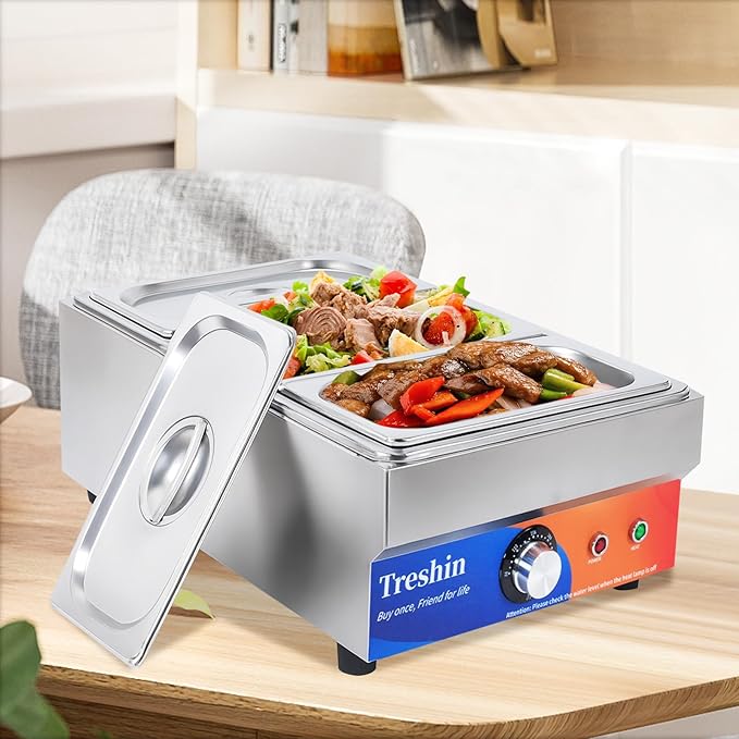 Treshin 3 Pan Commercial Food Warmer, Stainless Steel Bain Marie Food Warmers Steam Table 15 Qt 1200W with Temperature Control & Lid for Home, Catering, Restaurants