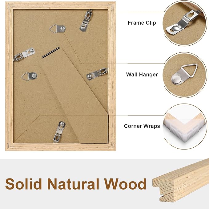Vittanly 5x7 Picture Frame Set of 2, Solid Wood Frame for Wall or Tabletop, Display Photo 4x6 with Mat or 5x7 without Mat, Natural