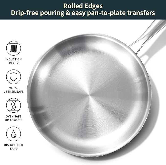 DELARLO Tri-Ply Stainless Steel 9.3 Inch Frying Pan with Lid, 18/10 Stainless Steel Skillet, Heavy Duty, Compatible for Induction, Ceramic, Electric, Gas Cooktops Up to 600℉, Fast & Even Heat