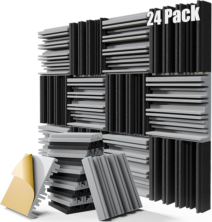 Upgrade 24 pack Self-adhesive Sound Proof Foam Panels,12" X 12" X 2" Acoustic Panels with High Density,Decorative Soundproof Wall Panels Sound Absorbing Foam for Wall and Ceiling(Black+Gray)