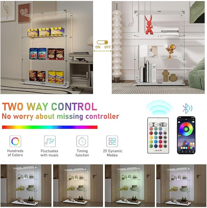 Glass Display Cabinet with LED Light Strip, 3 Shelves with 2 Doors, Glass Top Curio Storage Cabinets with Lock & Caster for Living Room,Floor Standing Bookshelf, Quick Installation - White