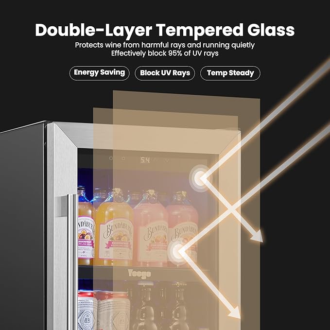 Yeego 15 inch Built-In Beverage Refrigerator (2 Pack) – Compact Drink Cooler with Glass Door, Auto Defrost Mini Wine & Beer Fridge for Cans and Bottles, Under Counter & Freestanding