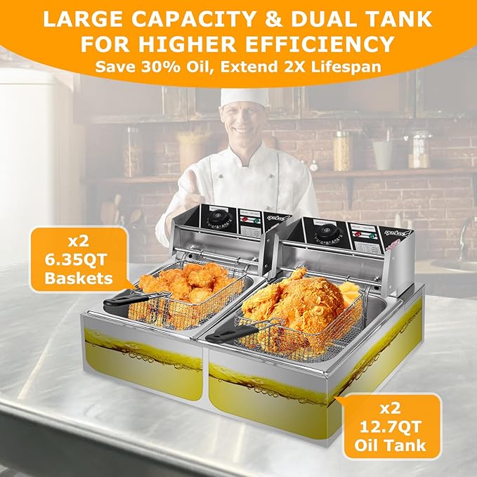 22.8QT/21.6L Commercial Deep Fryer with Basket and Lid, 5000W Electric Fryer, Countertop Oil Fryer for French Fries, Onion Rings, Donuts, Temperature Adjustable 140-392℉, Stainless Steel Double Tank