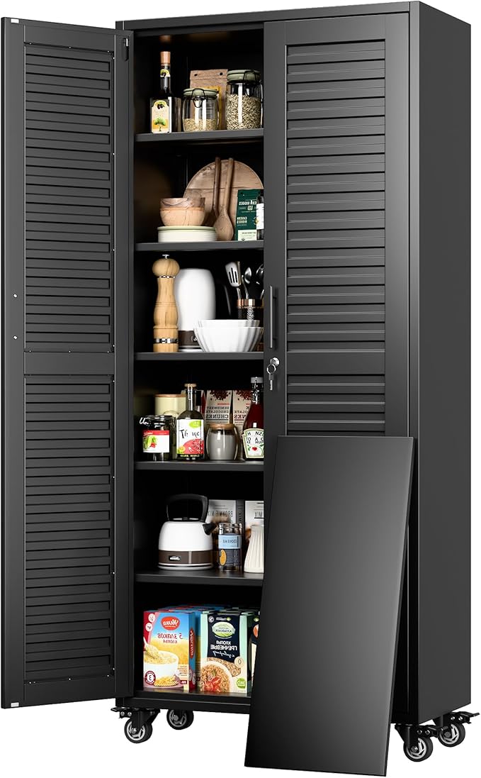 Aobabo Garage Storage Cabinet with Wheels,Lockable Metal Storage Cabinet with 5 Adjustable Shelves for Garage Home,Required Assembly,Black