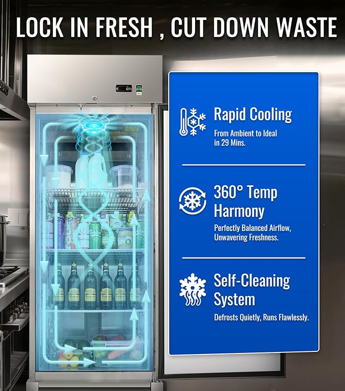 27" W Commercial Refrigerator, 23.6Cu.ft Reach-In Single Door Stainless Steel commercial fridge, 3 Shelves, Fan Cooling, Auto Defrost, Digital Thermostat - Ideal for Restaurant, Bar, Cafe, Shop