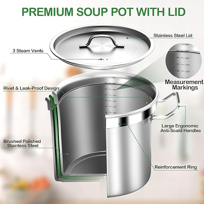 35 Quart Commercial Grade Large Stock Pot - Soup Pot with Lid - Non-Nickel Stainless Steel - Healthy Cookware Polished Stockpots - Heavy Duty - 8.8Gallon