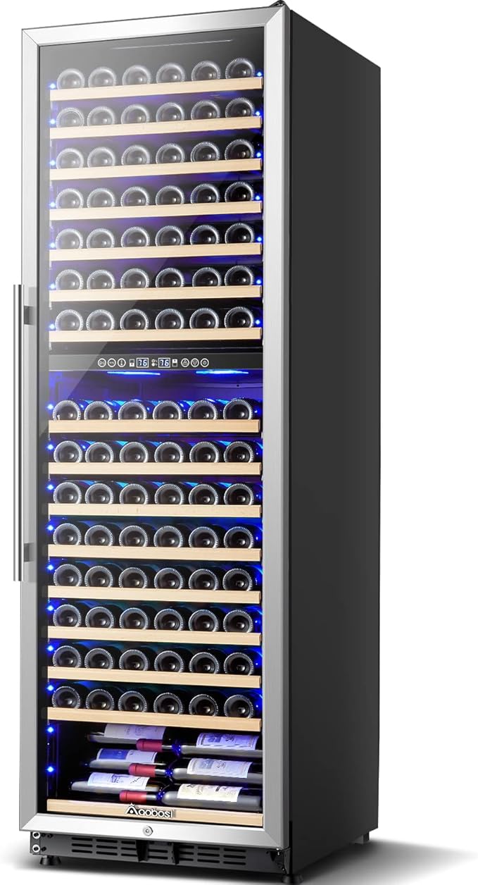 AAOBOSI Wine Cooler Dual Zone 24 Inch, 176 Bottles Wine Refrigerator, Freestanding Wine Fridge with Intelligent Temperature Memory & Humidity Control Compressor Cooling, Quiet Operation