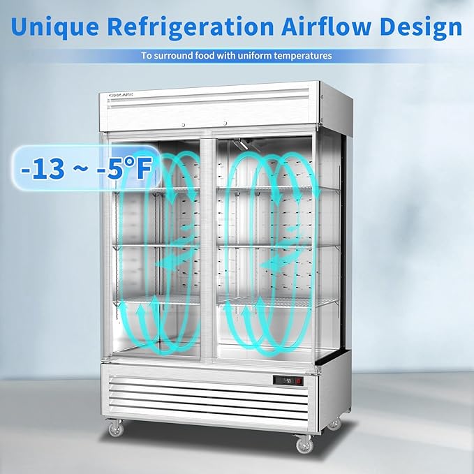Coolake 54" W Commercial Freezer, 49 Cu Ft Solid Door Upright Freezer with 8 Adjustable Shelves, -13°F ~ -5°F, Frost-free Stainless Steel Industrial Reach-in Freezer for School Restaurant Prep Kitchen