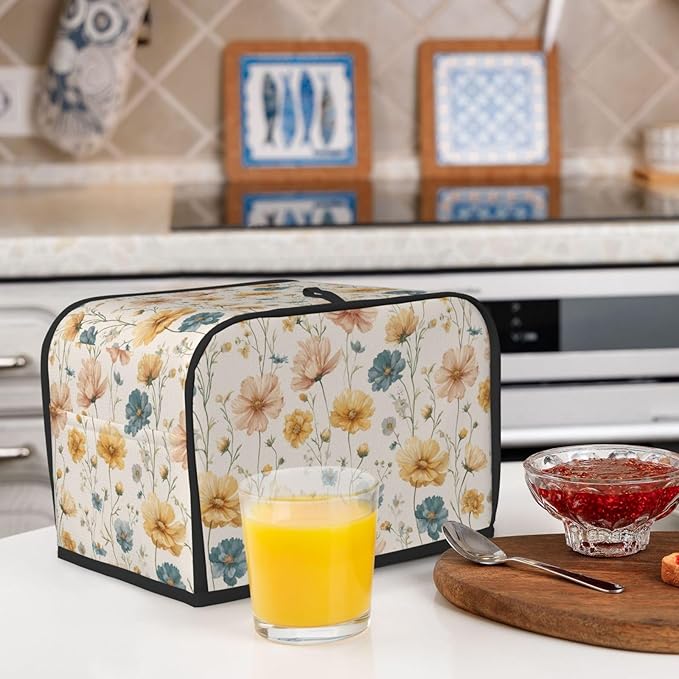 2 Slice Toaster Cover for Kitchen Vintage Flower Print Botanical Waterproof and Dustproof Toaster Dust Cover with Side Pockets Decorative Universal Cover for Wide Slot Toasters and Small Appliances