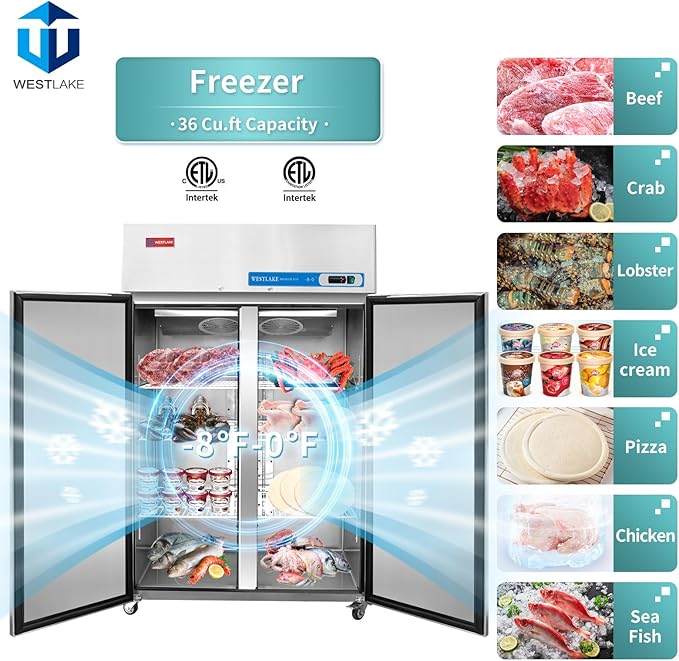 WESTLAKE Commercial Freezer 48"W 2 door 2 Section Stainless Steel Reach in Solid door Fan Cooling 36 Cu.ft Freezer for Restuarant, Bar, Shop, etc