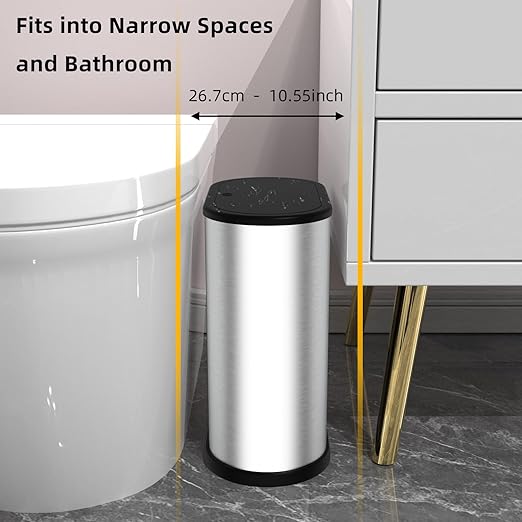 1.8 Gallons Small Stainless Steel Trash Can with Press Type Lid, Slim Bathroom Garbage Bin, Removable Liner Bucket, Dog Proof Narrow Wastebasket with Pop-Up Lid for Bedroom,Toilet (Silver)