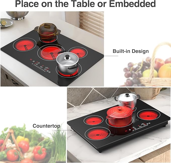 VBGK Electric cooktop 30 inch, 5 burner Electric Stove Built-in and Countertop Stove Top, LED Touch Screen,9 Heating Level, Timer & Kid Safety Lock, 240V 30 inch cooktop