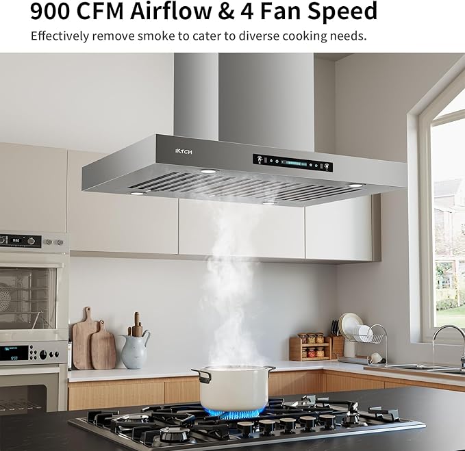 IKTCH Upgrated 36 inch Island Mount Range Hood, 900 CFM Ducted Range Hood with 4 Speed Fan, Stainless Steel with Gesture Sensing & Touch Control Making life Smarter IKIS02-36