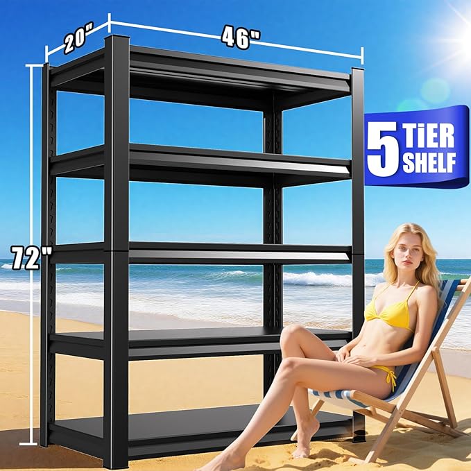 72''H/47''W Garage Shelving 5-Tier Adjustable Metal Garage Shelves Heavy Duty Unit,3000 LBS Steel Shelf Storage Rack Suitable for Industries,Warehouses,Basement,Black (72''H x 47''W x 20''D)