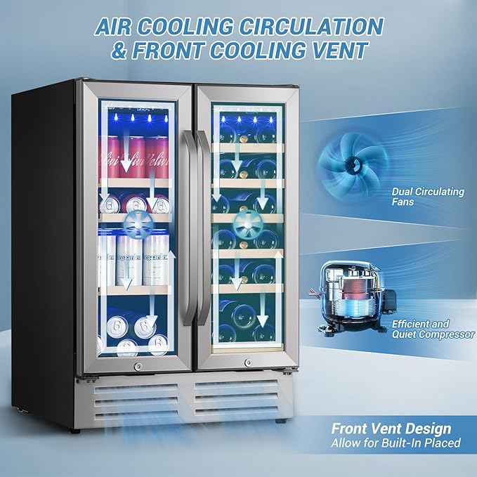 24 Inch Beverage Refrigerator Undercounter, Dual Zone Wine and Beverage Cooler, Large Capacity for Beer Wine Drink with Built-In Warm Light, Ideal for Home Kitchen Bar Office