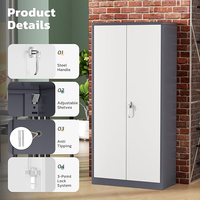 Greenvelly Metal Garage Storage Cabinet with 2 Doors and 4 Adjustable Shelves, 72”H Steel Lockable Storage Cabinet,Tall Metal Cabinet Locking File Cabinet for Office,Home, Garage, Gym, School