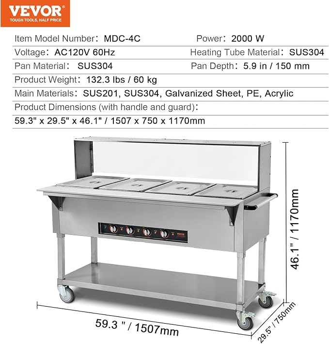 VEVOR 4-Pan Commercial Food Warmer, 4 x 20.6QT Electric Steam Table, 2000W Professional Buffet Catering Food Warmer with Acrylic Sneeze Guard, Food Grade Stainless Steel Server for Party Restaurant