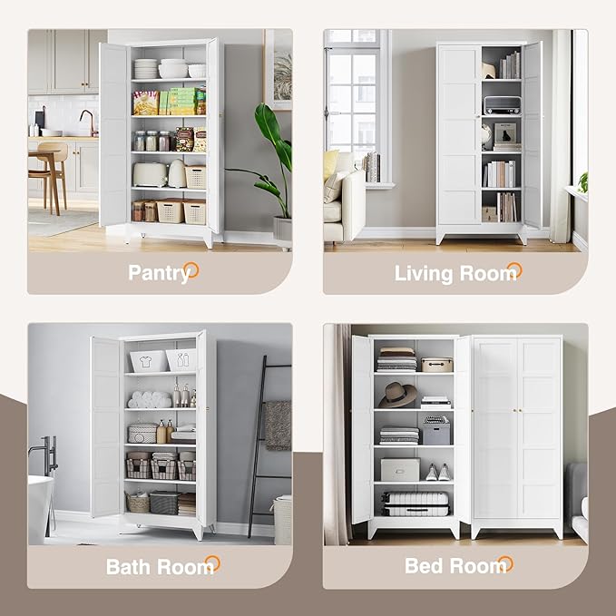 Yizosh Metal Storage Cabinet with 2 Doors and 4 Adjustable Shelves,- 71" White Kitchen Pantry Storage Cabinet for Kitchen,Dining Room,Living Room