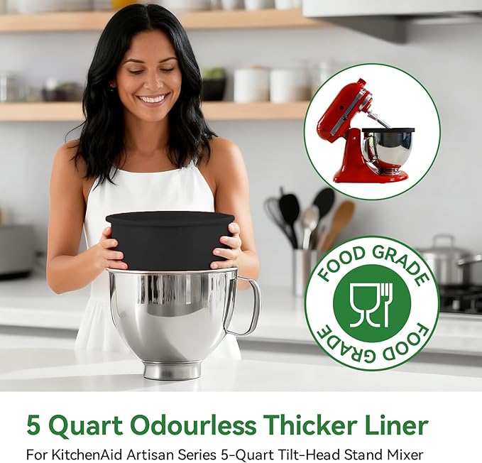 Silicone Liners for KitchenAid 5 Qt Tilt-Head Stand Mixer(Only), Odourless,Thicker, Cold/Heat-Resistant & Non-Stick, Easy Clean, Fits 5 Quart Mixing Bowl, Set of 3 with Lids