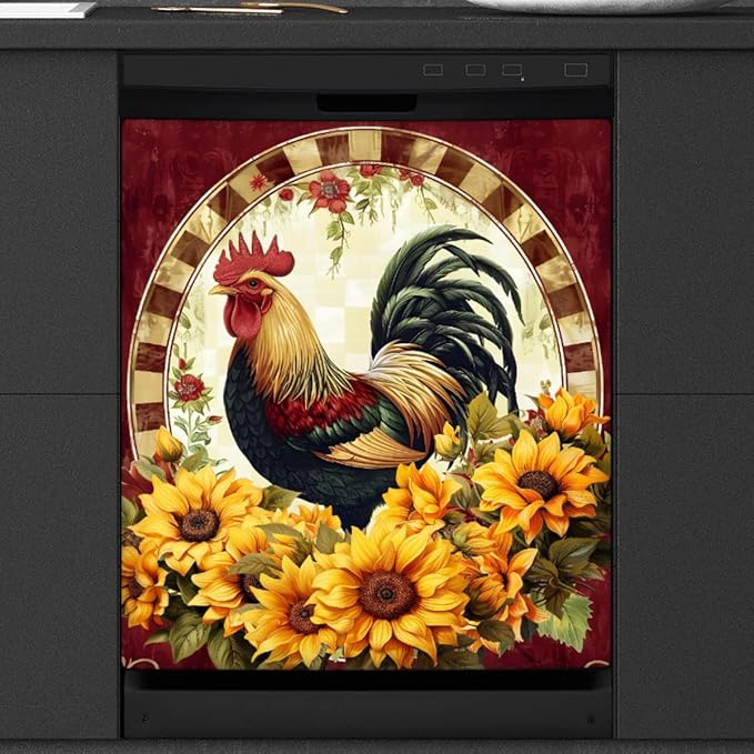 Retro Sunflower Rooster Dishwasher Magnet Cover Front Dishwasher Cover Decor Reusable Magnetic Door Cover Panel Decal Home Appliances Stickers Kitchen Refrigerator Fridge 23"x26"
