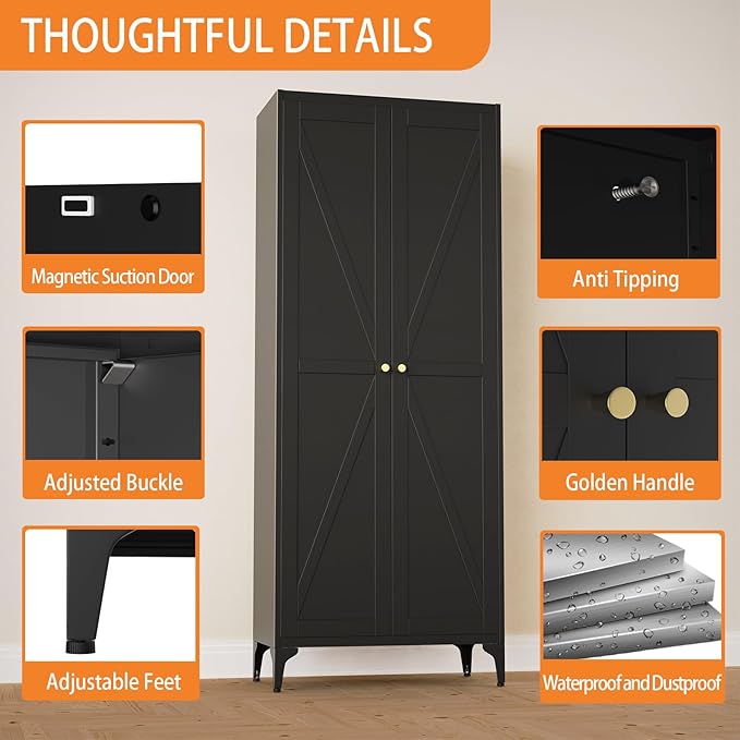 Tall Pantry Cabinet, 65" Kitchen Cupboard with Doors and Adjustable Shelves, Food Pantry Cabinets, Metal Hutch Cabinet with Storage for Kitchen, Living Room, Dining Room, Black
