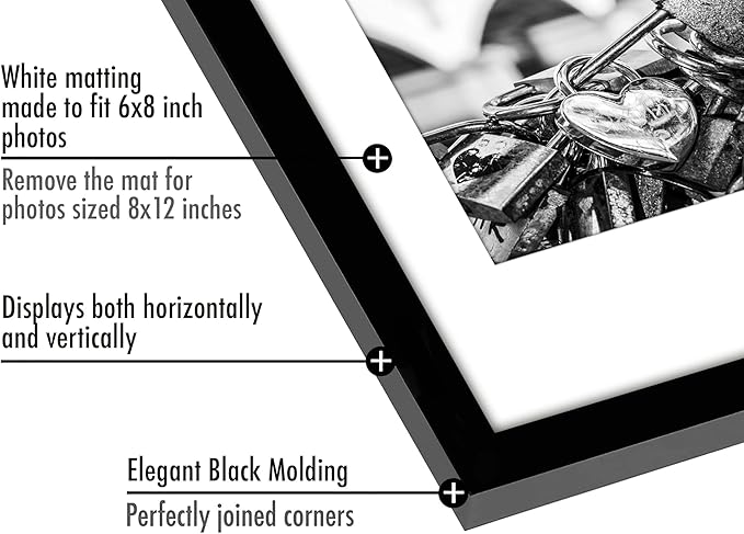 Americanflat 8x12 Picture Frame with Polished Plexiglass - Set of 5 - Use as 6x8 Frame with Mat or Display 8x12 Photo Without Mat - Galleria Collection - Picture Frames for Wall Display - Black
