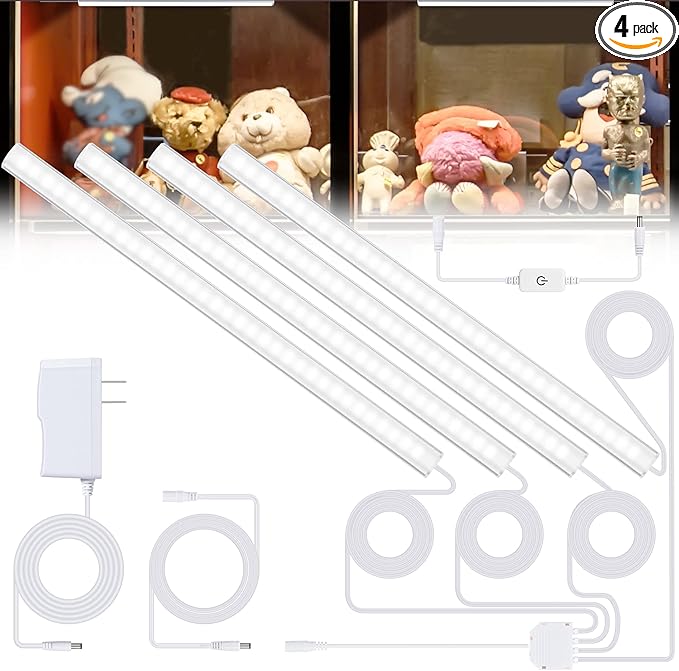 JUSJUBR 4-Pack Cold White Display Shelf Lights, Under Shelf Lighting with Memory Function, 12 Inch 6000K Plug-in Bookshelf Lighting, LED Cabinet Lights for Display Case/Pantry/Closet/Safe