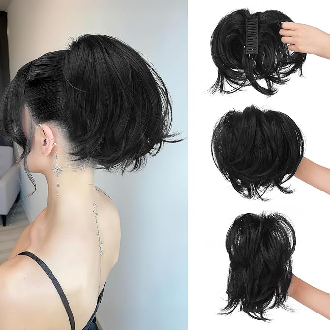SOFEIYAN Claw Clip Short Ponytail Extension DIY Bendable Wires Hair Bun Fluffy Fake Hair Piece Straight Synthetic Hair Ponytail Extensions for Wonen - Black