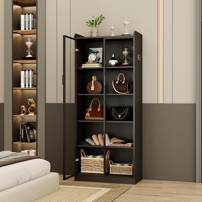 Display Cabinet with Doors and Adjustable Shelves, 65" Tall Bookcase with LED Lights/Human Sensor, 5 Tier Display Case for Collectibles Bedroom Living Room Office, Black