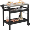 SERWALL Outdoor Grill Cart Table with Three Tier Storage Shelves, Movable Prep Cart, Weather-Resistant HDPE Material, Dining Cart Table for Outdoor Cooking, Four Hooks, Black