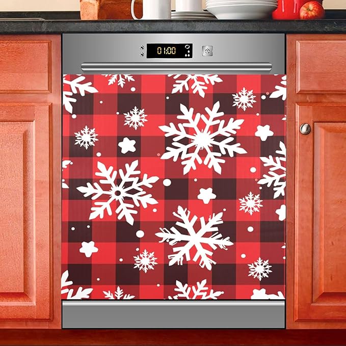Christmas Snowflakes Checkered Plaid Dishwasher Magnet Cover Sticker Magnetic Refrigerator Panel Front Door Fridge Microwave Decal Decorative