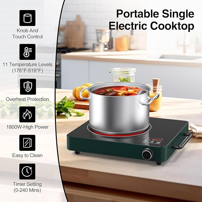 VBGK Electric Cooktop, 1800W Single Burner Induction Cooktop with 9 Power Levels, Timer and Knob Control, 110-120V